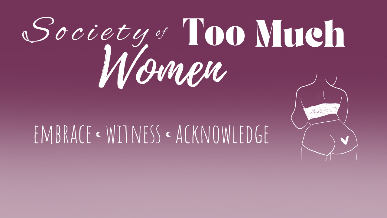 Society of Too Much Women logo which is a line drawing of the rear view of a plus sized woman with a heart on her bum