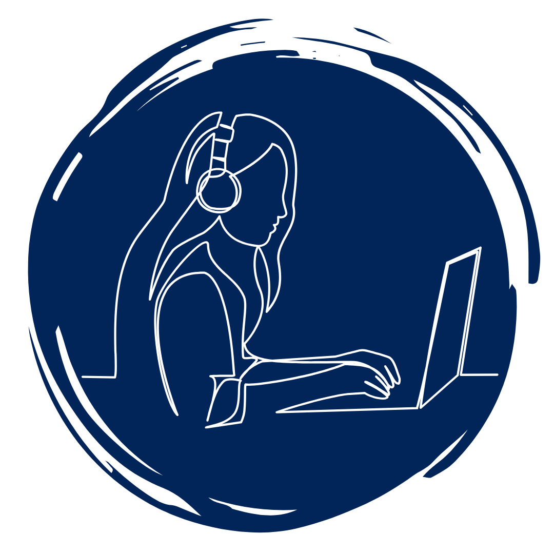 Embrace Network Course icon with contour drawing of woman with headphones on typing on a laptop