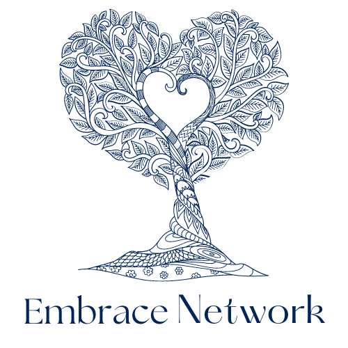 Embrace Network logo with blue hand drawn tree with a heart in the leaves