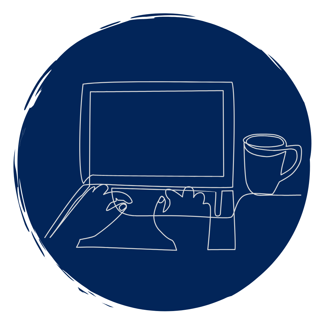 Contour drawing of hands on a laptop with a cup of tea