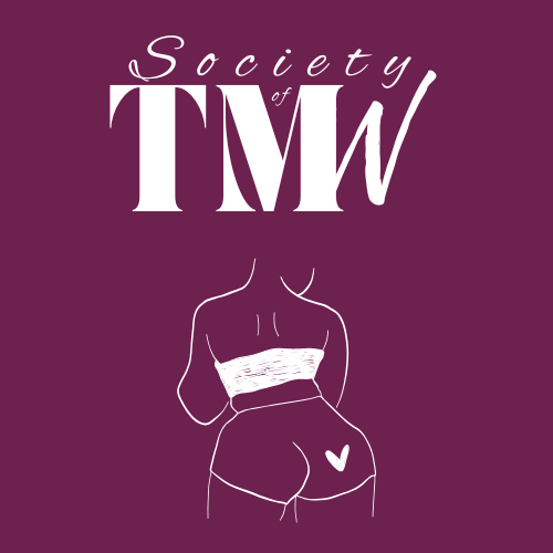 Society of Too Much Women line drawing of the back view of a woman wearing a halter top and short shorts with a heart on her bum