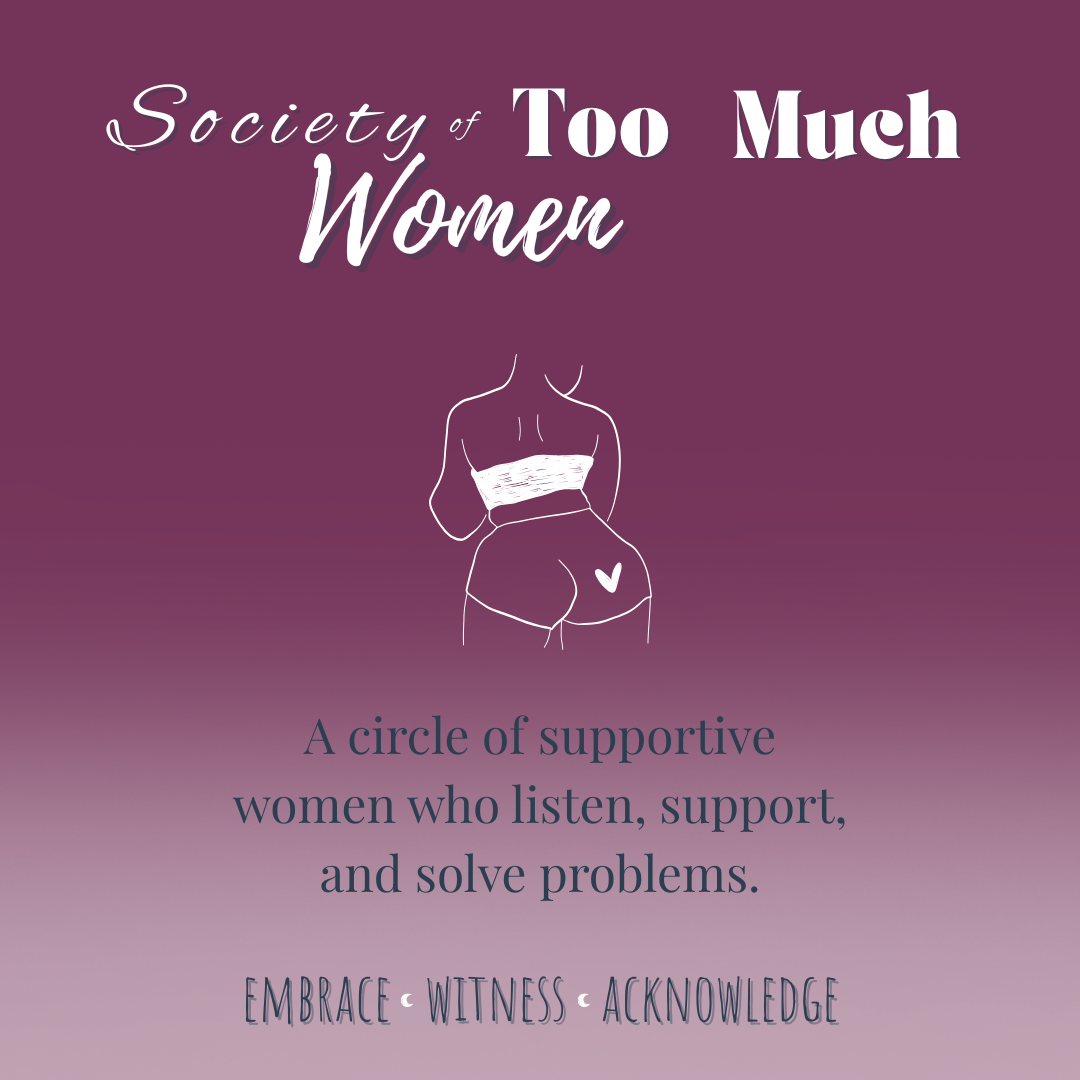 Society of Too Much Women Logo with a line drawing of the backside of a plus size woman wearing a halter top and short shorts with a heart on her behind