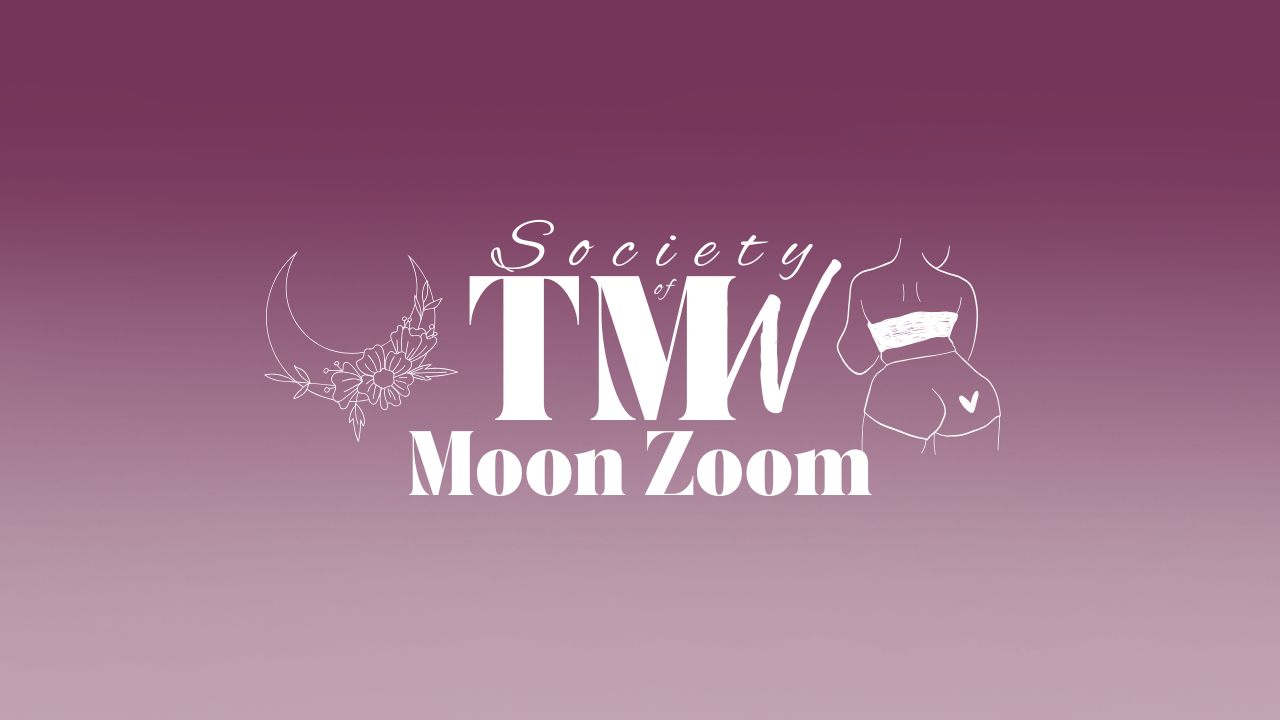 Society of Too Much Women logo with line drawing of the backside of a plus size woman  wearing a halter top and short shorts with a heart on her behind