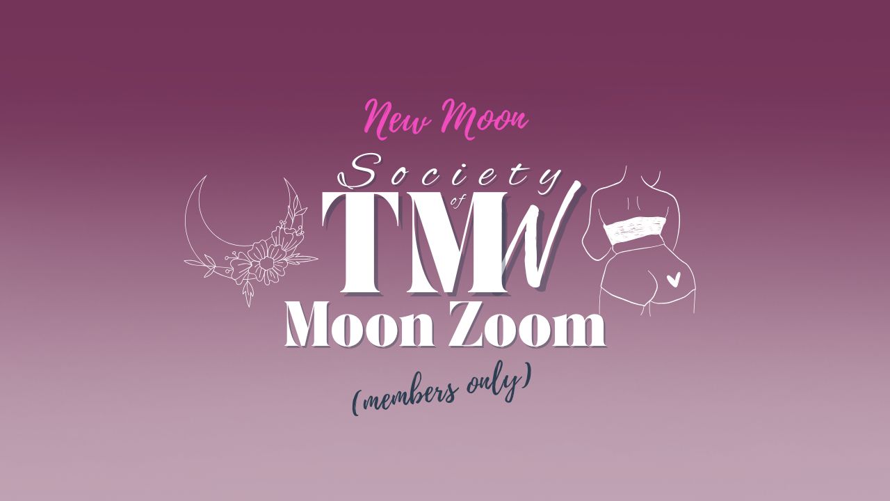 Society of Too Much Women New Moon Zoom for members only with a line drawing of a moon and a plus sized woman with a heart on her bum